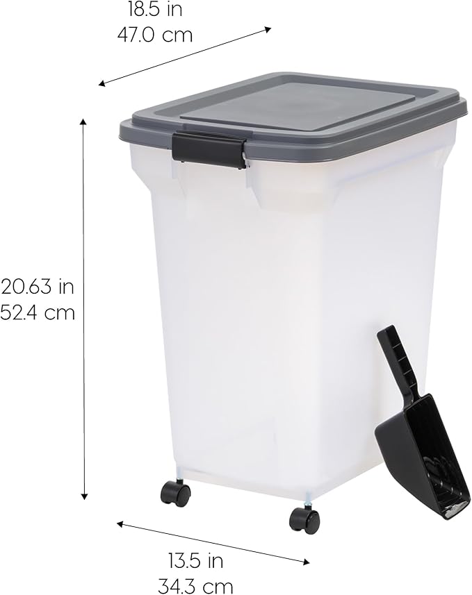 IRIS USA Dog Food Storage Container 40 lbs, Attachable Wheels, & Included Scoop, for Dog Cat Birds and other Pets, Food Storage Bin, Keep Fresh, Easy Mobility, BPA Free - Made in the USA, Dark Gray