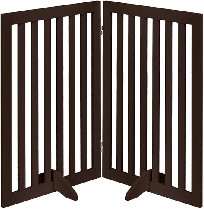 unipaws 36”H Free Standing Pet Gate for Dog and Cat, Wooden Dog Gates for Doorway, Stairs, Room Divider, Step Over Foldable Pet Fence for The House, Expandable Barrier, Indoor Use, Espresso