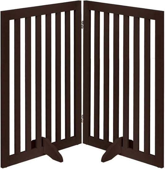unipaws 36”H Free Standing Pet Gate for Dog and Cat, Wooden Dog Gates for Doorway, Stairs, Room Divider, Step Over Foldable Pet Fence for The House, Expandable Barrier, Indoor Use, Espresso