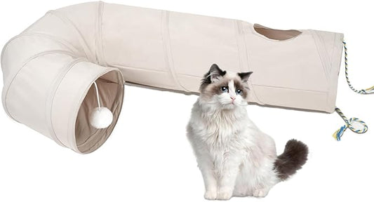 Cat Tunnel, 2-Way Collapsible Cat Tube with Interactive Peek-A-Boo Hole, Toy Ball, and Rope – Ideal for Indoor Cats, Kittens, and Rabbits, Beige