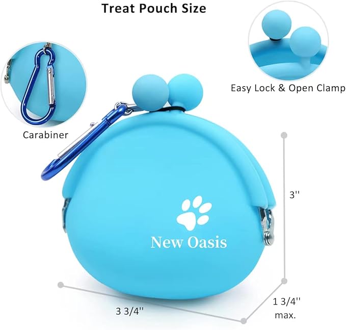 New Oasis Dog Treat Pouch, 10oz Small Portable Silicone Dog Training Pouch Reusable Dog Treat Bag with Carabiner Key Case Silicone Coin Pouch, Blue