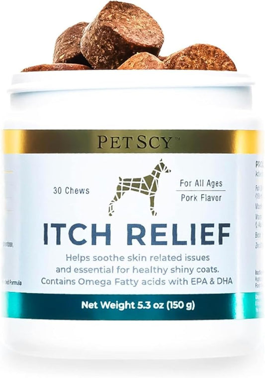 PetScy Dog Itch Relief Chews with Omega 3 Fatty Acids, EPA & DHA | Itch Relief for Dogs Nutritional Support, Immunity & Muscles | Itchy Skin Treatment for Dogs of All Ages, Pork Flavor - 30 Chews