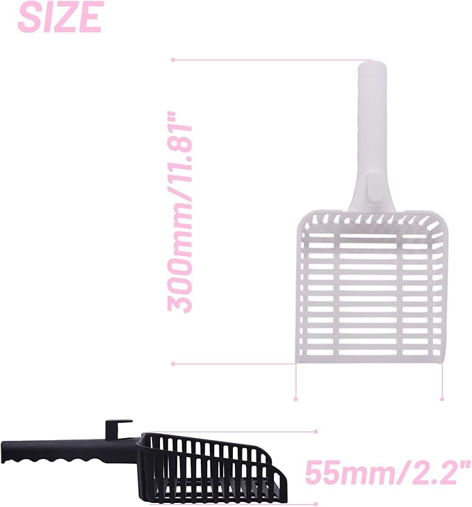 YXQ 2Pcs Litter Scoop for Cats Plastic Durable Deep Shovel Small Holes and Long Handle for Sifting Kitty Litter (White+Black)