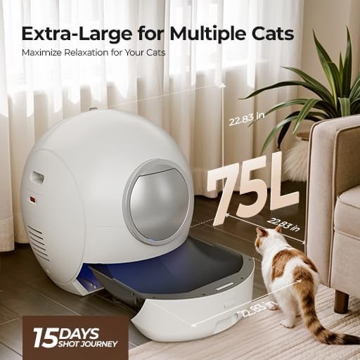 Upgraded Self Cleaning Litter Box, KungFuPet S2 Automatic Cat Litter Box Self Cleaning for Multi Cats, Large Automatic Litter with Safety Protection, Odor Removal, Smart APP Control Robot Litter White