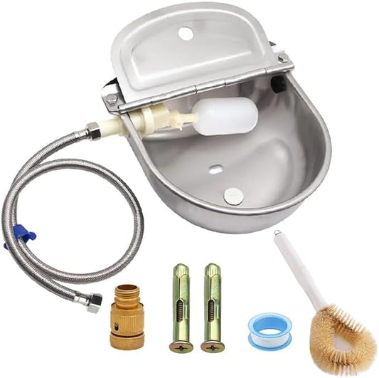 Automatic Animal Drinking Water Bowl with Float Valve and Drainage Hole, 304 Stainless Steel Livestock Dispenser Waterer Kits Included Water Hose, 3/4''Adaptor, Float Valves Mounting Bolts (1 Set)