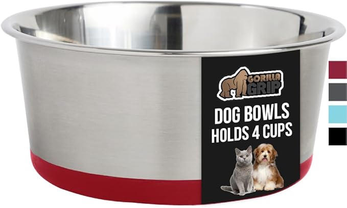 GORILLA GRIP Stainless Steel Metal Dog Bowl, Rubber Base, Heavy Duty Feeding Dish, Food Grade BPA Free, Less Sliding on Floors, Quiet Pet Bowl for Cats and Dogs, Holds 4 Cups (32 fl oz), Red