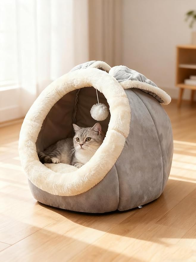 Cat Beds for Indoor Cats - Rabbit-Shaped Cat Cave Bed with Hanging Toy,Super Soft Calming Pet Bed for Kitten,Small Dog,Warm Plush&Machine Washable&Removable Cotton Pad,cat Hideaway