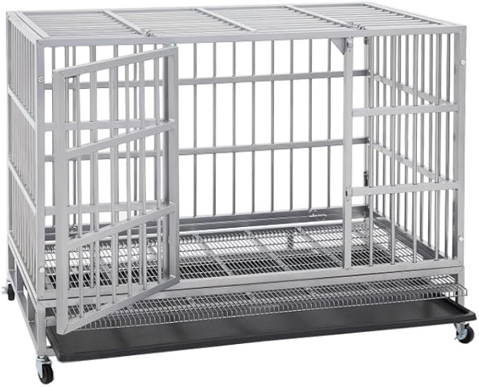 54/48/42/38 inch Heavy Duty Indestructible and Escape-Proof Dog Crate Cage Kennel for Large Dogs, High Anxiety Dog Crate with Removable Wire Trays and Wheels, Extra Large XL XXL, Silver
