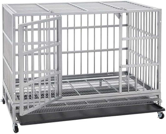 54/48/42/38 inch Heavy Duty Indestructible and Escape-Proof Dog Crate Cage Kennel for Large Dogs, High Anxiety Dog Crate with Removable Wire Trays and Wheels, Extra Large XL XXL, Silver