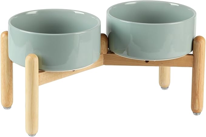 Ceramic 7.3inch Raised Double Bowls Set with Wooden Stand, Food & Water Bowls for Medium Breed Dogs, Weighted Dog Dishes, Pet Feeder(Light Green)