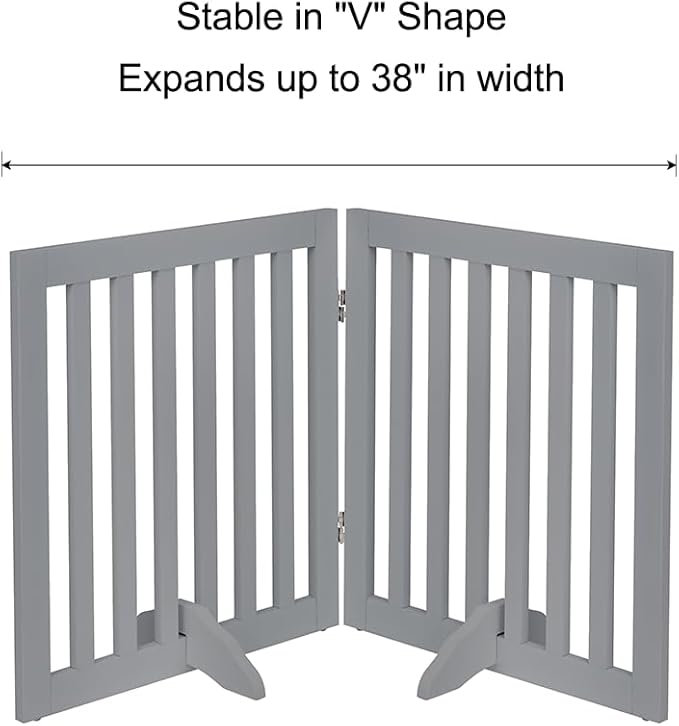 unipaws 24”H Free Standing Pet Gate for Dog Cat, Wooden Dog Gates for Doorway, Stairs, Step Over Foldable Pet Fence for The House, Expandable Doggy Barrier, Indoor Use, Grey