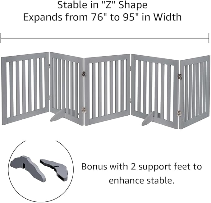 unipaws 24”H Free Standing Pet Gate for Dogs and Cats, Wooden Dog Gates for Doorway, Stairs, Dog Room Divider, Step Over Foldable Pet Fence for The House, Expandable Barrier, Indoor Use, Grey