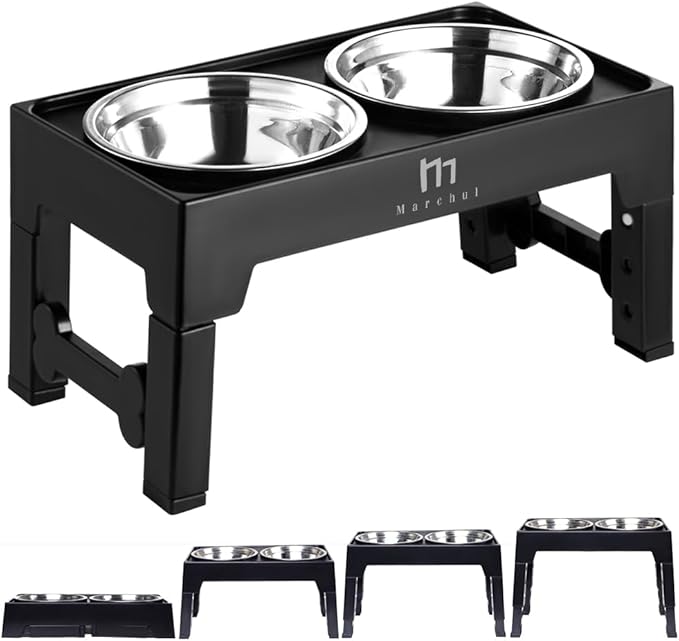 Marchul Elevated Dog Bowls, 4 Height Adjustable Raised Dog Bowls with 2 Stainless Steel Bowls,Non-Slip Dog Food and Water Bowl with Stand Adjusts to 3.5”,9.05”,10.6”,12.2” for Small Medium Large Dogs