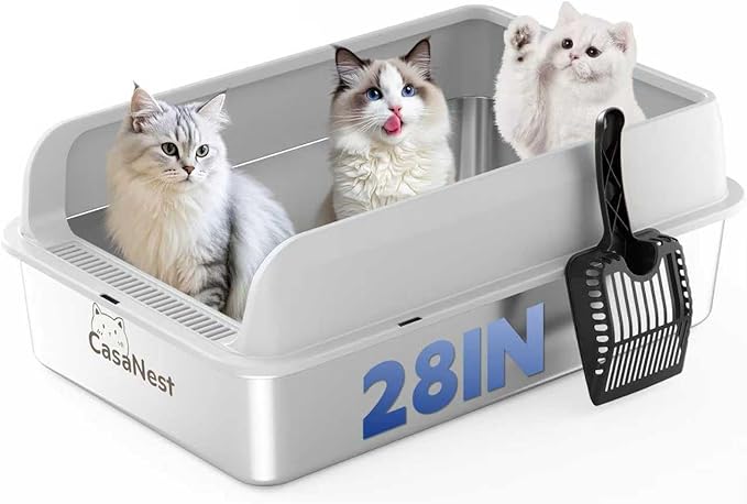 XXXL Stainless Steel Cat Litter Box with Lid 28.1''×20.5'' × 10.1” Extra Large Metal Cat Litter Box for Big, Multi Cats, Anti-Leakage & Non-Stick Metal Pan, Easy to Clean, Durable (Light Grey