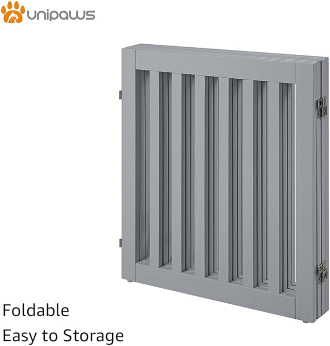unipaws 24" H Free Standing Pet Gate for Dog Cat, Wooden Dog Gates for Doorway, Stairs, Step Over Foldable Pet Fence for The House, Expandable Barrier, Indoor Use, Grey