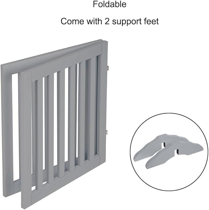 unipaws 24”H Free Standing Pet Gate for Dog Cat, Wooden Dog Gates for Doorway, Stairs, Step Over Foldable Pet Fence for The House, Expandable Doggy Barrier, Indoor Use, Grey