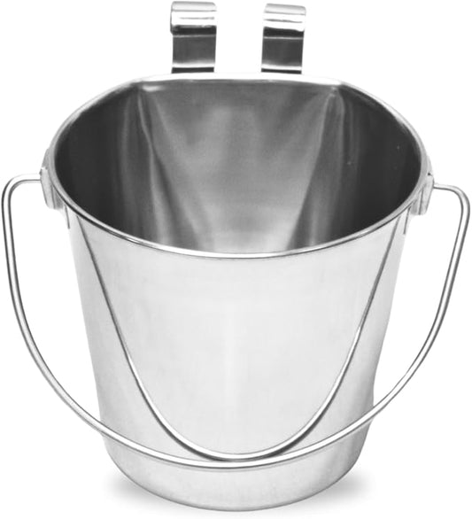 6 Quart Stainless Steel Flat Sided Pail with Dual Hooks | Hanging Bucket for Dogs, Cats, Goats, Sheep & Livestock | Food & Water Bowl Fits Kennels, Crates, Cages & Farm | Multipurpose Use
