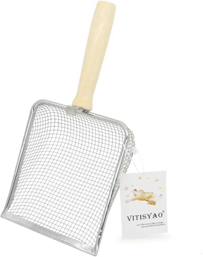 Fine Cat Litter Scoop, Stainless Steel Mesh Scooper, Kitty Metal Scooper for Litter Box Kitten Pooper, Wide Rabbit Poop Lifter with Beech Handle