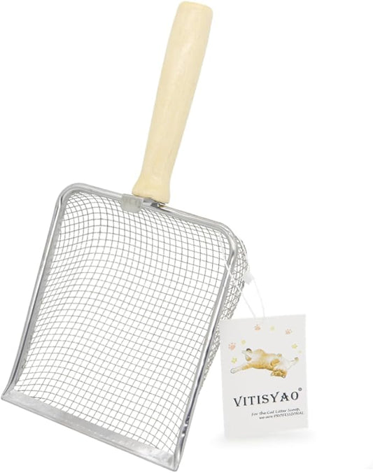 Fine Cat Litter Scoop, Stainless Steel Mesh Scooper, Kitty Metal Scooper for Litter Box Kitten Pooper, Wide Rabbit Poop Lifter with Beech Handle