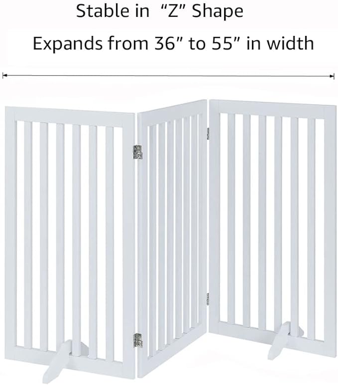 unipaws 36”H Free Standing Pet Gate for Dog Cat, Tall Wooden Gates for Doorway, Stairs, Foldable Pet Fence for The House, Expandable Dog Barrier, Indoor Use, White