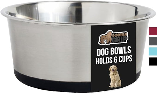 GORILLA GRIP Stainless Steel Metal Dog Bowl, Rubber Base, Heavy Duty Feeding Dish, Food Grade BPA Free, Less Sliding on Floors, Quiet Pet Bowl for Cats and Dogs, Holds 6 Cups (48 fl oz), Black