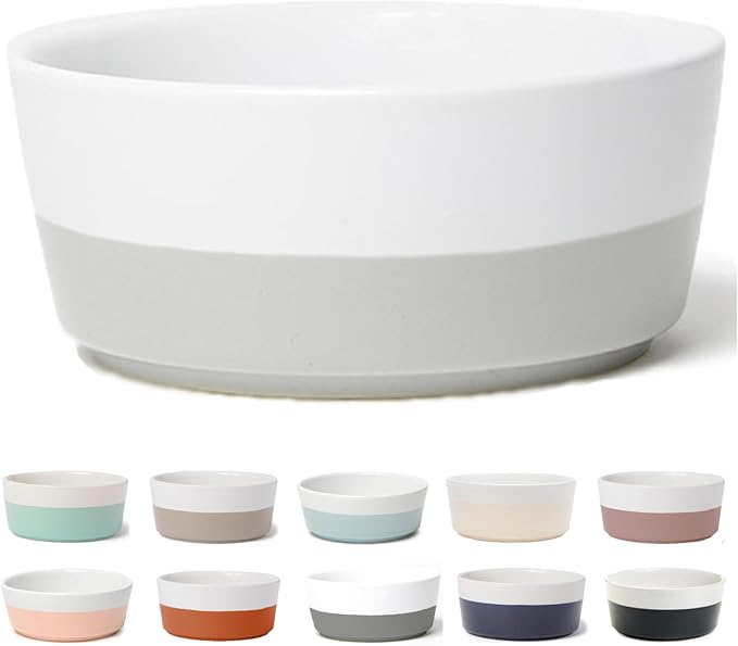 Waggo Dipper Ceramic Dog Bowl for Small and Large Breeds - Heavyweight and Durable Pet Food and Water Dish Crock, Dishwasher Safe, Modern (Light Grey, Large)