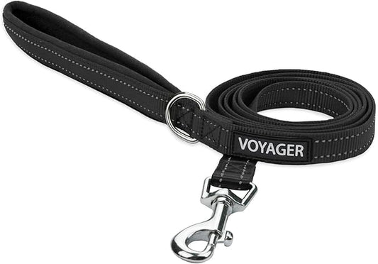 Voyager Reflective Dog Leash with Neoprene Handle, 5ft Long, Supports Small, Medium, and Large Breed Puppies, Cute and Heavy Duty for Walking, Running, and Training - Black (Leash), L