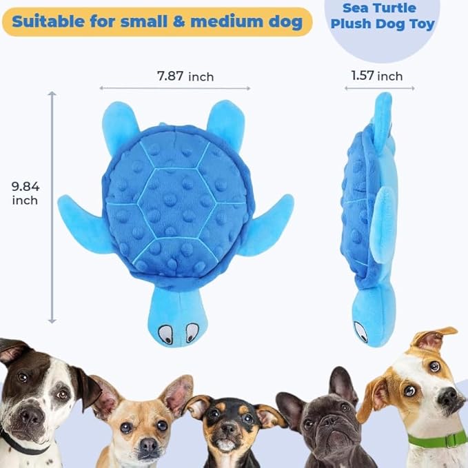 Squeaky Sea Turtle Plush Dog Toy – Durable, Stuffing-Free Interactive Chew Toy for Small Dogs – Relieves Anxiety & Teething – Keeps Puppies Busy, No Mess, Perfect for Indoor Play (Blue)