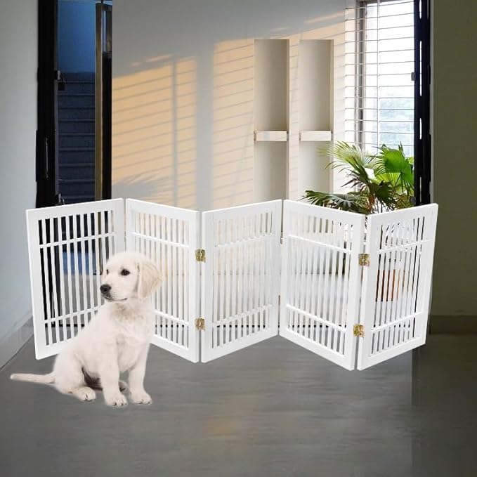 Pet Dog Gate Strong and Durable Freestanding Folding Acacia Hardwood Portable Wooden Fence Indoors or Outdoors by Urnporium (White Pet Gate, 5 Panel 24" Tall)