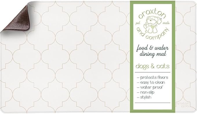 CROXTON & CO. Dog Mat for Food Bowl, Dish, Water Bowls | Stainproof, Washable & 100% Waterproof, Non-Slip Food Placemat for Pets | Faux Leather | Easy to Clean | Size: 16.5” x 28”, Cream, Light Brown