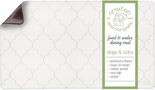 CROXTON & CO. Dog Mat for Food Bowl, Dish, Water Bowls | Stainproof, Washable & 100% Waterproof, Non-Slip Food Placemat for Pets | Faux Leather | Easy to Clean | Size: 16.5” x 28”, Cream, Light Brown