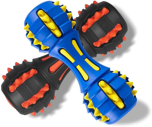 AUSCAT Teething Dog Toys, Durable Squeaky Dog Toys, Rubber Chew Toys for Dogs, Dumbbell Shape, Blue and Black