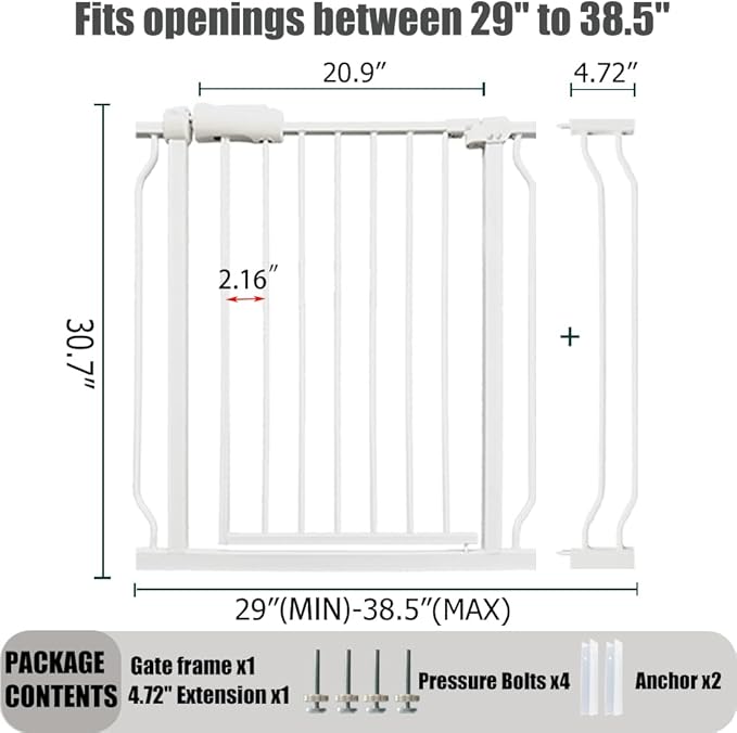 Auto Close Baby & Dog Gate 34-38.5 Inch, Tension Safety Gate Indoor, White Metal, Walk-Through Child Gate for Kids & Pets