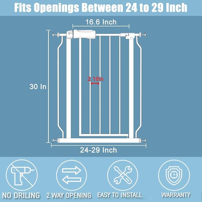 Narrow Baby Gate 24 to 29 Inch Wide Pet Gate Pressure Mounted No Drill Safety Gate Walk Through Metal Child Gate for Kids Stairs or Pets Indoor White
