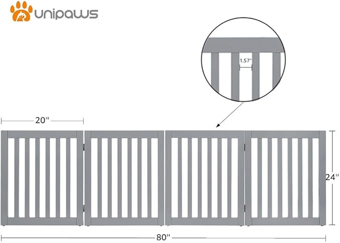 unipaws 24" H Free Standing Pet Gate for Dog Cat, Wooden Dog Gates for Doorway, Stairs, Step Over Foldable Pet Fence for The House, Expandable Barrier, Indoor Use, Grey