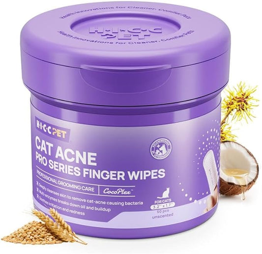 HICC PET Cat Chin Acne Finger Wipes – Gentle Enzyme Complex Care for Feline Acne & Blackheads, Vet Recommended Daily Chin Cleaning Wipes, No-Rinse Natural Formula