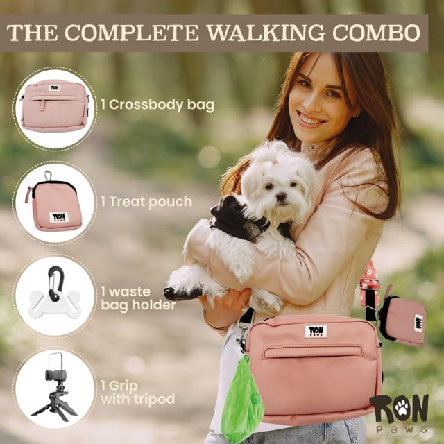 Dog Walking Crossbody with Treat Pouch & Tripod - Hands-Free Storage with Phone Holder, Poop Bag Dispenser, Hook for Used Poop Bags & Training Features (Pink)