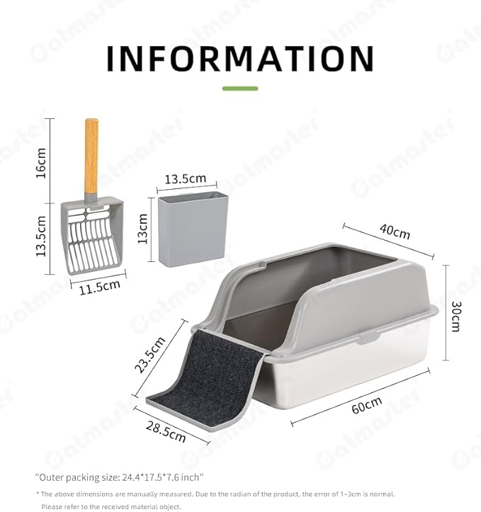 Stainless Steel Litter Box with Lid, 24"x16"x12" Extra Large Metal Litter Box with Ladder, Anti-Urine Leakage Cat Litterbox with High Sides, No Absorbs Odors, Non-Stick