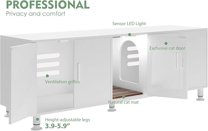 Double Litter Box Enclosure, Litter Box Enclosure for 2 Litter Boxes, Modern Litter Box Furniture for 2 Cats, with Cat Door & Motion Light (White)