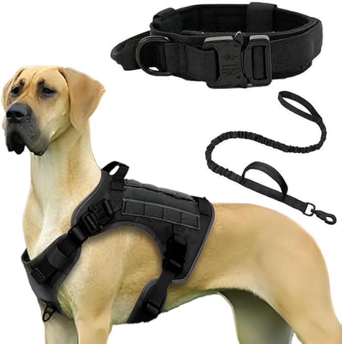 Tactical Dog Harness with Handle Collar and Leash Set Dog Vest Harness No Pull Dog Harness with Patches Adjustable Buckles for Dogs (Black, Extra Large)