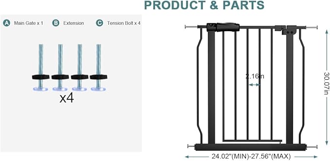 Narrow Baby Gate 24 Inch Small Black Tension Indoor Safety Gates Auto Close Walk Through Metal Narrow Dog Gate for The House Doorways Stairs (24.02"-27.56"/61-70CM, Black)