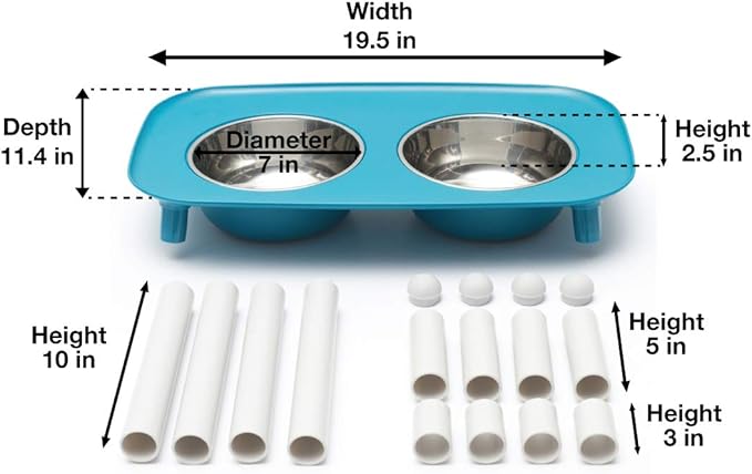 Messy Mutts Elevated Double Feeder with Stainless Bowls | Adjustable Height 3”, 5”, or 10” | Adjustable Standing Feeder for Dogs | 5 Cups per Bowl | Blue