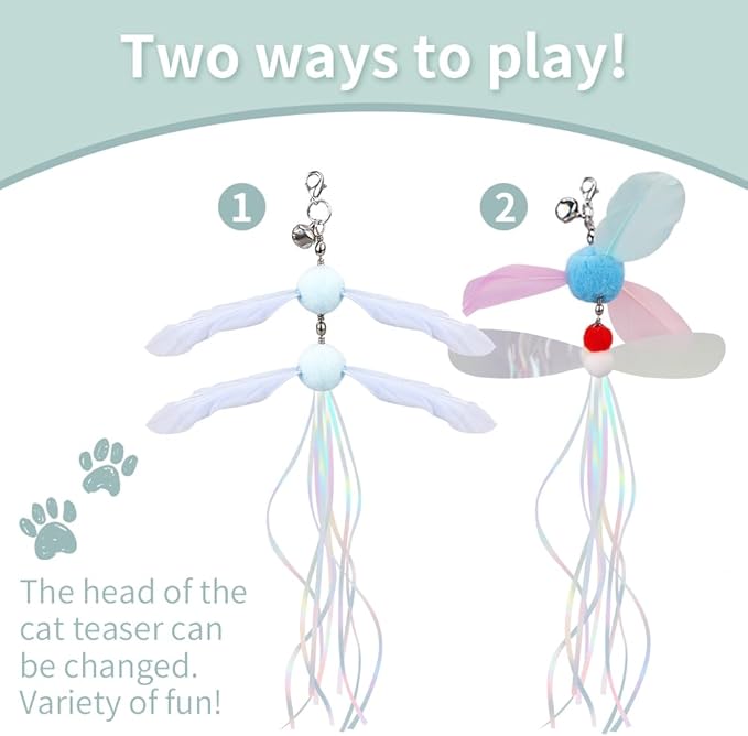 PAZ'S GIFT Cat Wand Toys, Interactive cat Feather Teaser Wand Toy with 2 Replacement Heads, Indoor cat Stick Toys