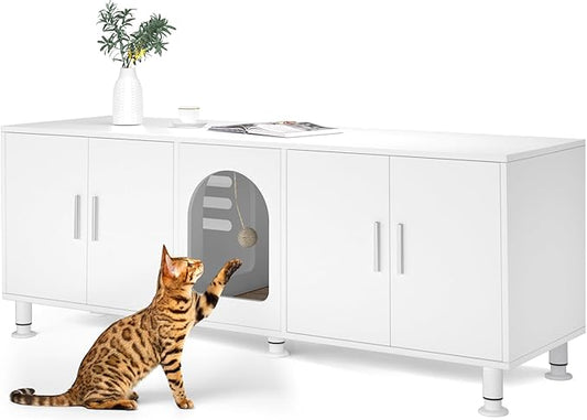 Double Litter Box Enclosure, Litter Box Enclosure for 2 Litter Boxes, Modern Litter Box Furniture for 2 Cats, with Cat Door & Motion Light (White)