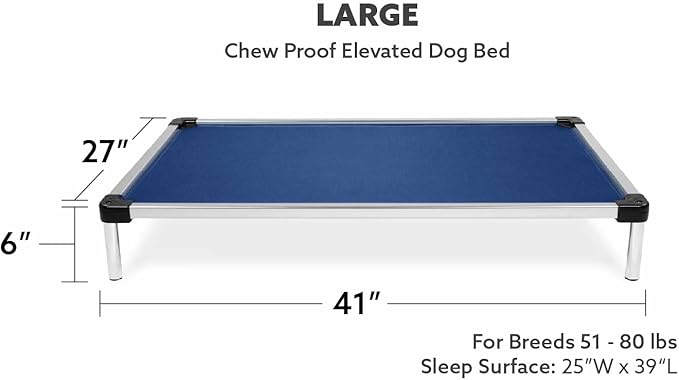 K9 Ballistics Chew Proof Elevated Outdoor Cooling Cot Bed for Large Dogs - Virtually Indestructible, Preassembled, Withstands Aggressive Chewers - L, Ripstop Blue Quartz