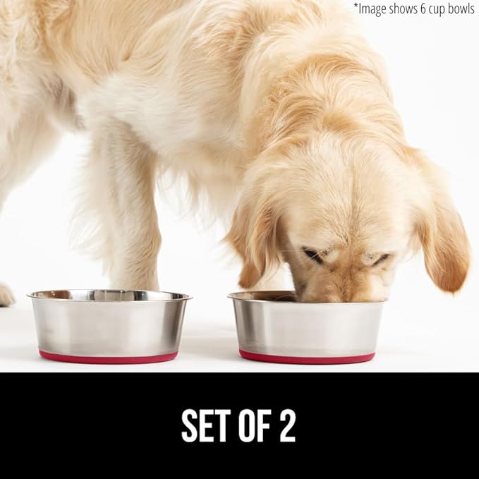 GORILLA GRIP Set of 2 Dog Bowls, Holds 4 Cups (32 fl oz), Heavy Duty Metal Food and Water Bowl for Feeding Dogs and Cats, Dishwasher Safe, Rust Resistant Stainless Steel, BPA Free Rubber Base, Red