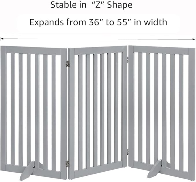unipaws 36" H Free Standing Pet Gate for Dog Cat, Tall Wooden Dog Gates for Doorway, Stairs, Foldable Pet Fence for The House, Expandable Barrier, Indoor Use, Grey