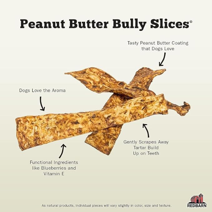 Redbarn Pet Products Bully Slices Beef Hide Dog Treats, Peanut Butter Flavor - Slow Roasted Grain-Free Rawhide Chew No Artificial Preservatives - 9 oz. 12 Bags
