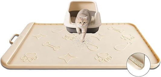 Silicone Cat Litter Mat with Collection Pocket, 42" x 28" Large Cat Litter Box Mat Waterproof Anti-Slip Litter Trapping Mat with Edge and Handle Pet Placemat for Floors (Beige)