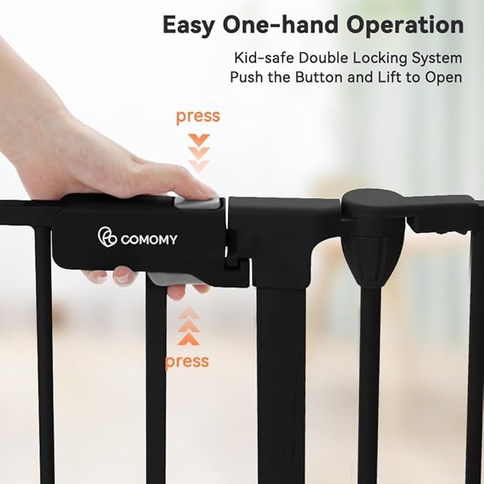 COMOMY 150" Extra Wide Baby Gate with Door, Dog Gates for The House Doorways Fireplace, Auto Close Baby Fence Play Area, Walk Through Pet Gate, Hardware Mounted Baby Gate, 6-Panels (30" Tall, Black)
